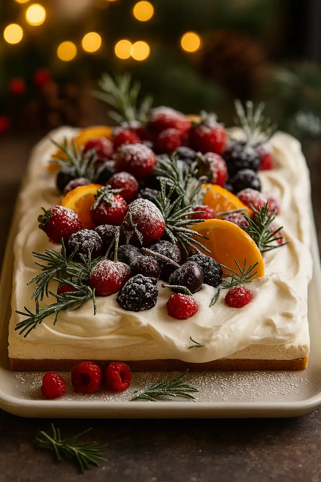 Easy Christmas cheesecake slab topped with berries, oranges, and rosemary on creamy no-bake base