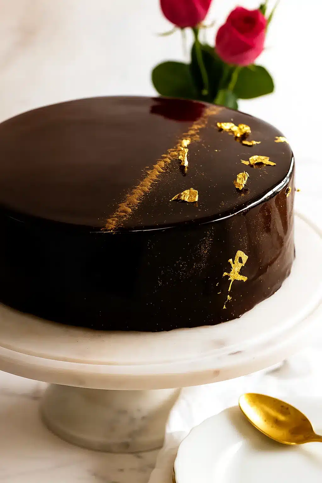 Chocolate mirror glaze cake with gold leaf on marble stand