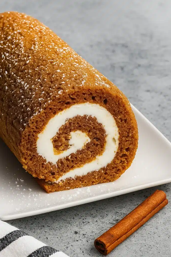Finished pumpkin spice roll cake dusted with powdered sugar on white plate