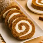 Sliced fall pumpkin spice roll cake with cream cheese filling on a white plate