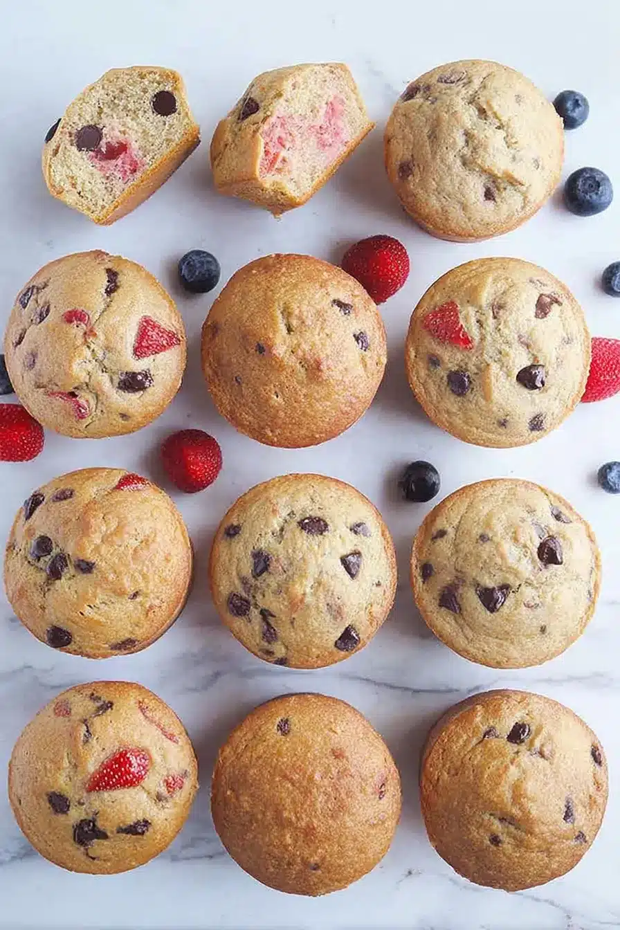 Favorite yogurt muffins with fruit and chocolate on a wooden surface