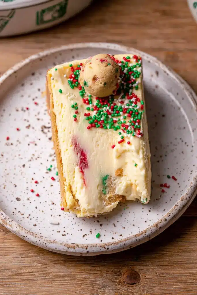 Slice of sugar cookie cheesecake with sprinkles on a rustic plate