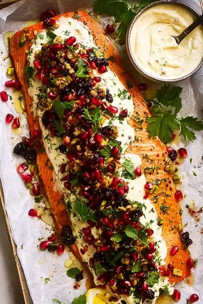 Fully assembled Christmas baked salmon with dill sauce and festive toppings
