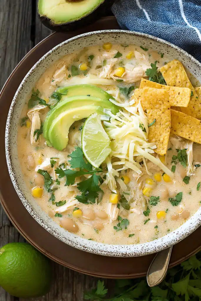 The Best White Chicken Chili | Comforting & Creamy Recipe 15 The best white chicken chili in a bowl topped with avocado, cheese, and lime