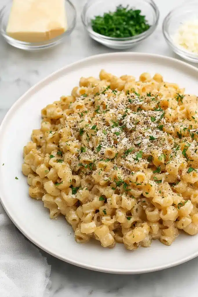 One-Pan Butter Parmesan Pasta (20-Minute Creamy Dinner Recipe) 13 Finished One-Pan Butter Parmesan Pasta on white plate with cheese and herbs