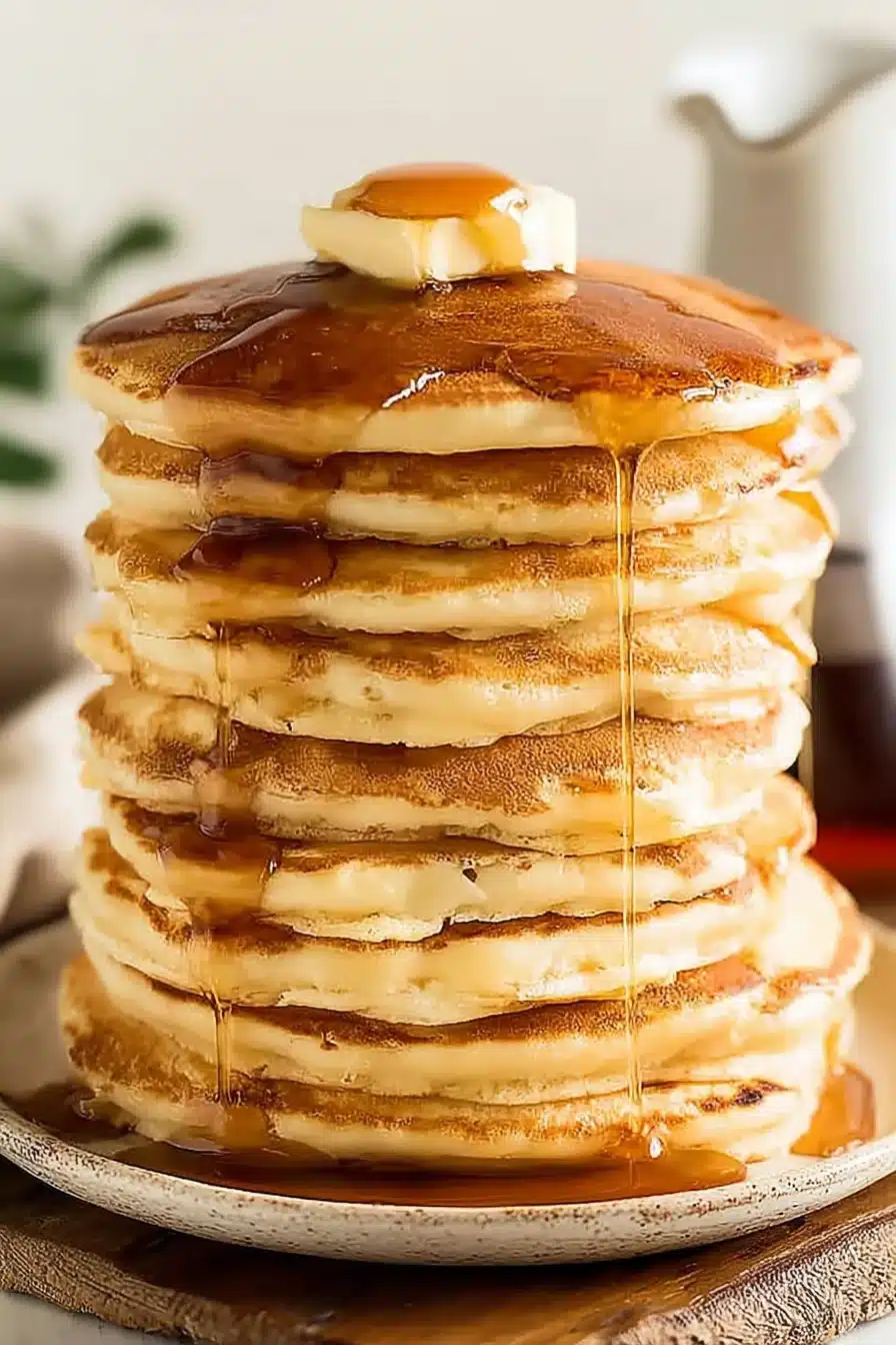 Tall stack of fluffy pancakes with maple syrup and butter on top