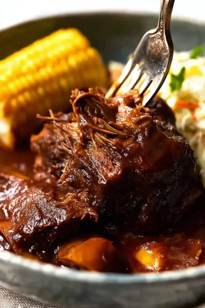 Fork pulling tender slow cooked beef ribs in BBQ sauce with corn and coleslaw