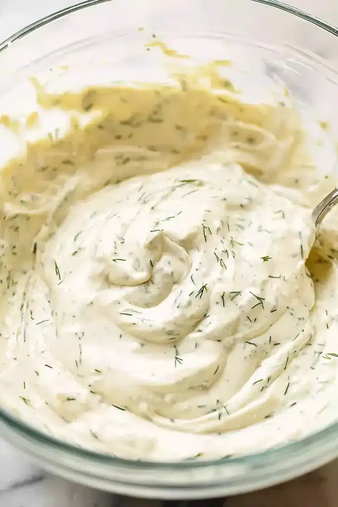 Creamy dill sauce in a glass bowl with herbs