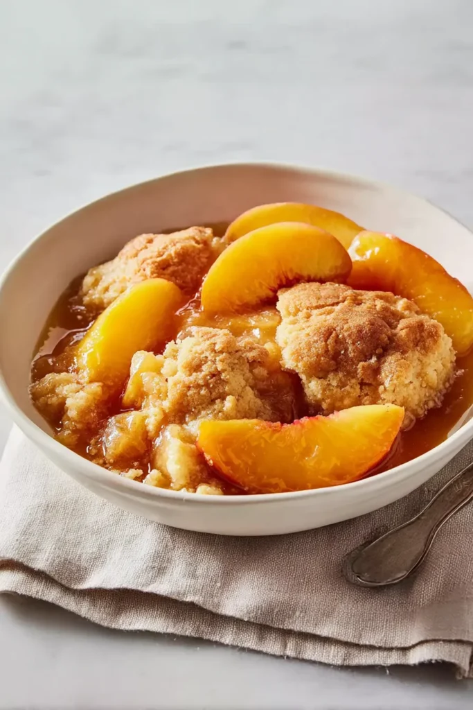Fresh Southern Peach Cobbler | Amazing & Easy Dessert 7 Bowl of fresh Southern peach cobbler with golden topping and juicy peaches
