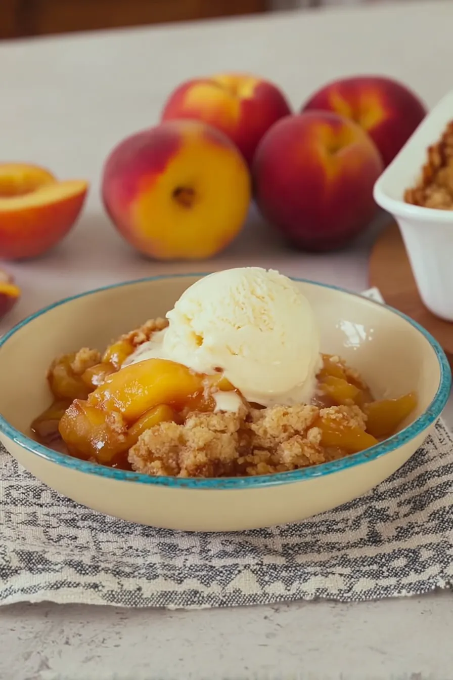 Warm bowl of fresh Southern peach cobbler with vanilla ice cream and ripe peaches