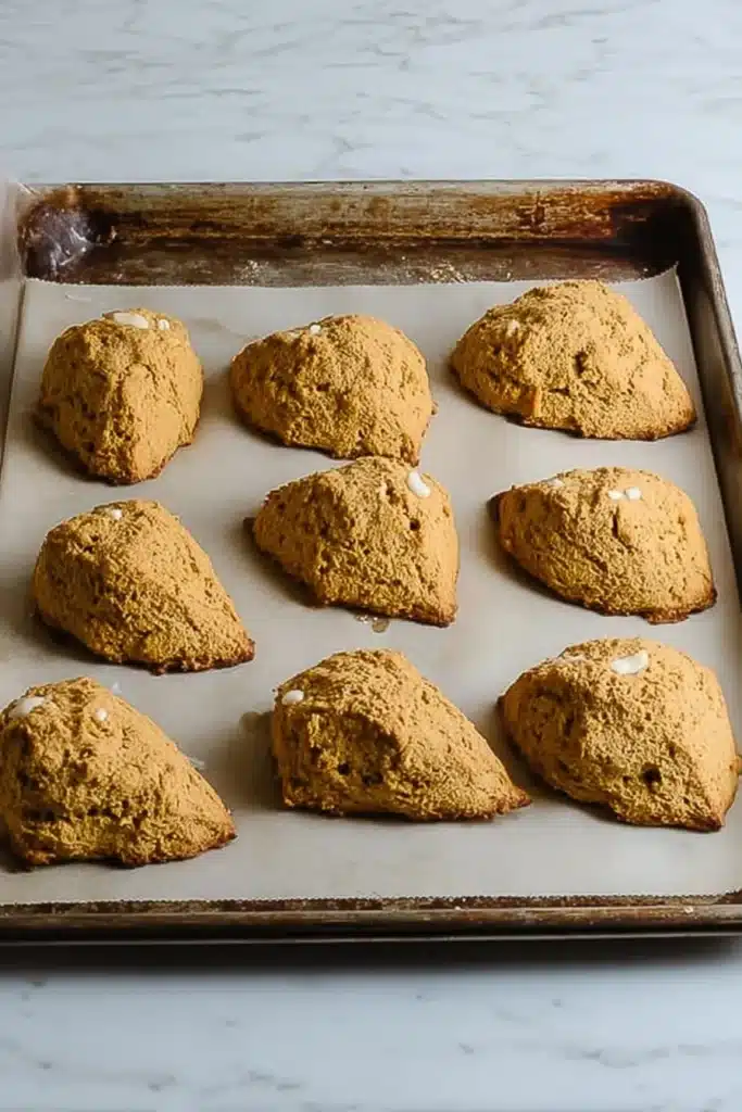 Golden brown pumpkin scones fresh from the oven on a baking tray