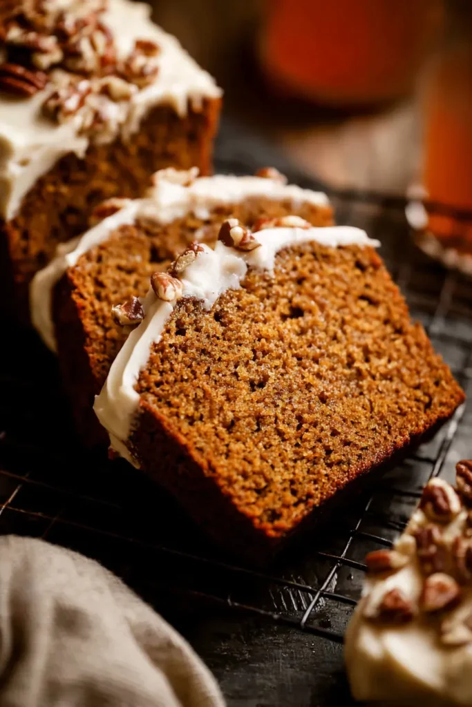 Frosted pumpkin bread topped with cream cheese frosting and chopped pecans