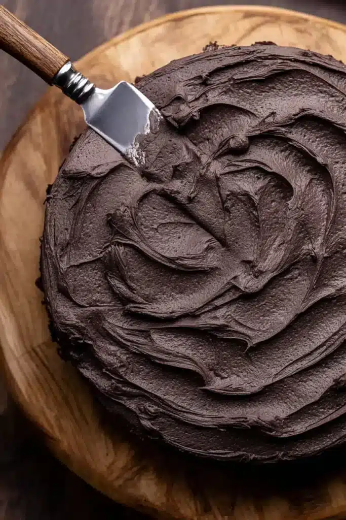 Halloween Chocolate Cake Recipe – Spooky & Delicious Treat 18 Spreading black buttercream frosting on Halloween chocolate cake