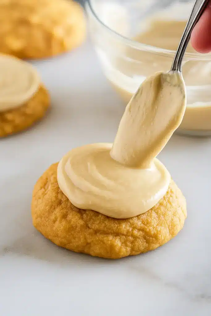Spooning caramel frosting onto a soft pumpkin cookie