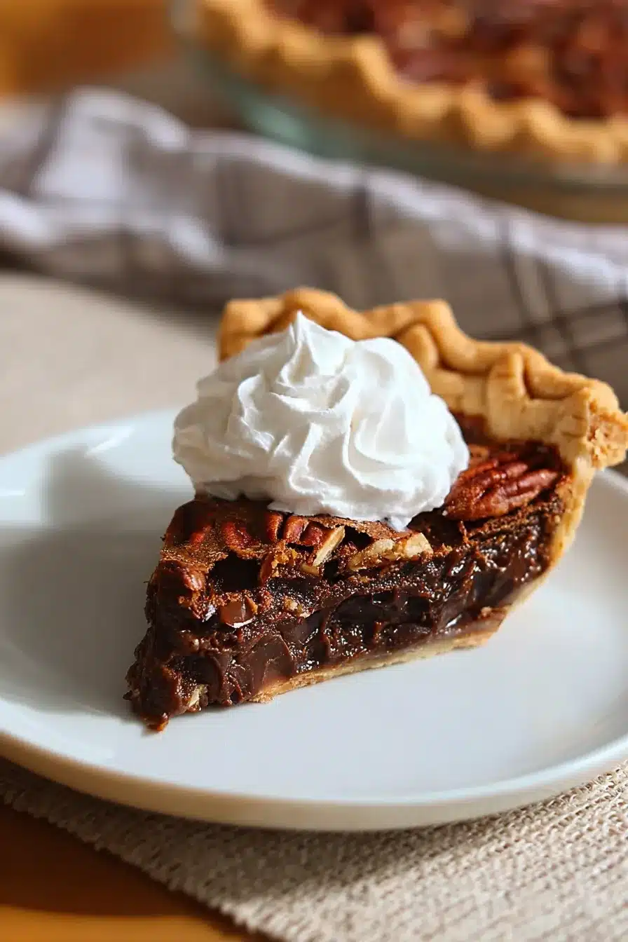 Slice of fudgy pecan pie with chocolate filling and whipped cream on a plate