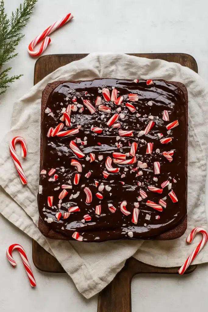 Whole one bowl peppermint brownie slab topped with ganache and crushed candy canes