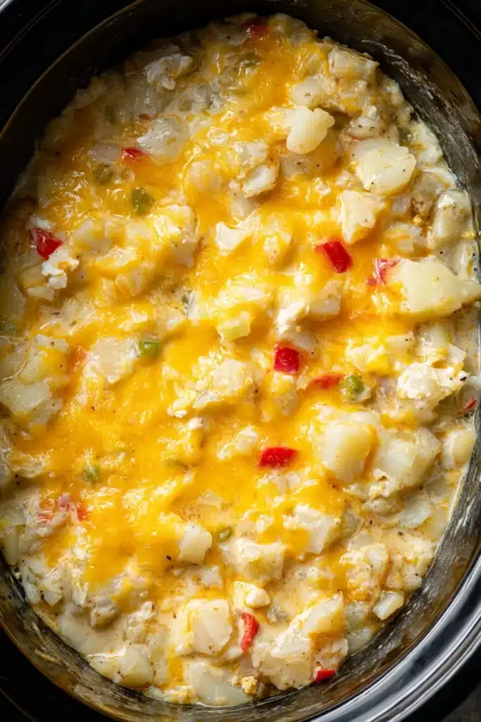 Kentucky Crockpot Potatoes – Easy, Delicious Comfort Food 9 Finished creamy Kentucky crockpot potatoes with melted cheese and peppers