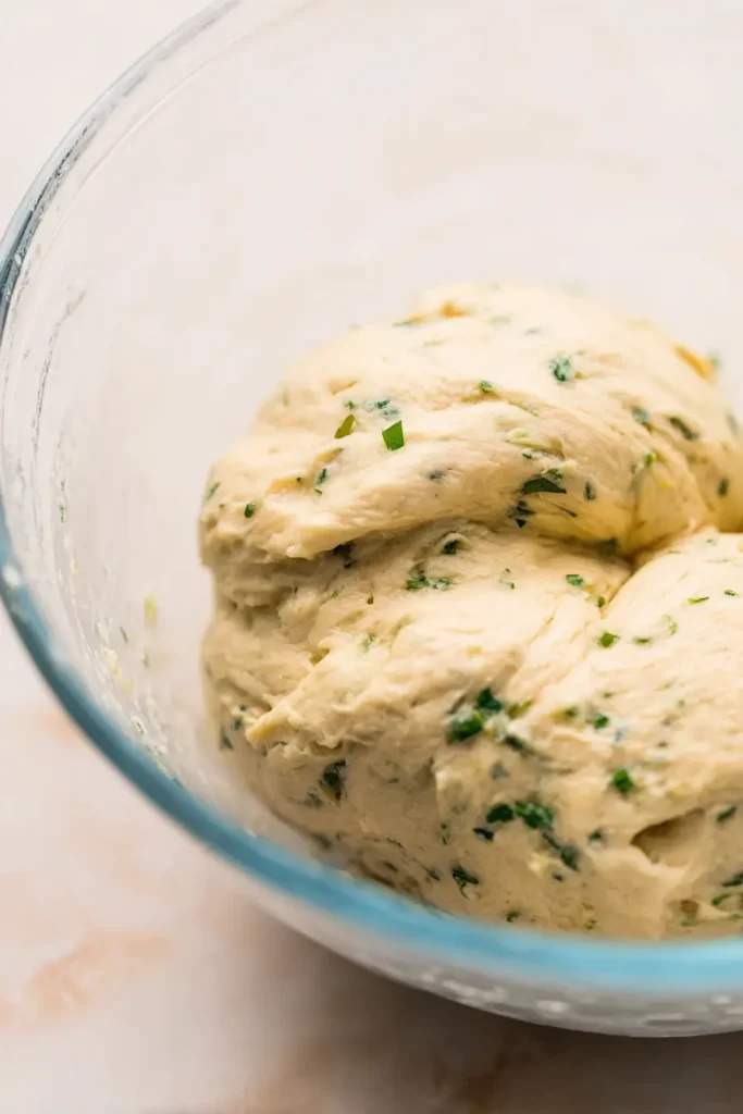 Kneaded easy garlic bread rolls dough with fresh herbs in glass bowl