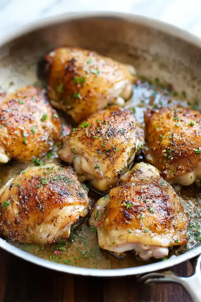 Crispy garlic brown sugar chicken thighs in skillet with herbs