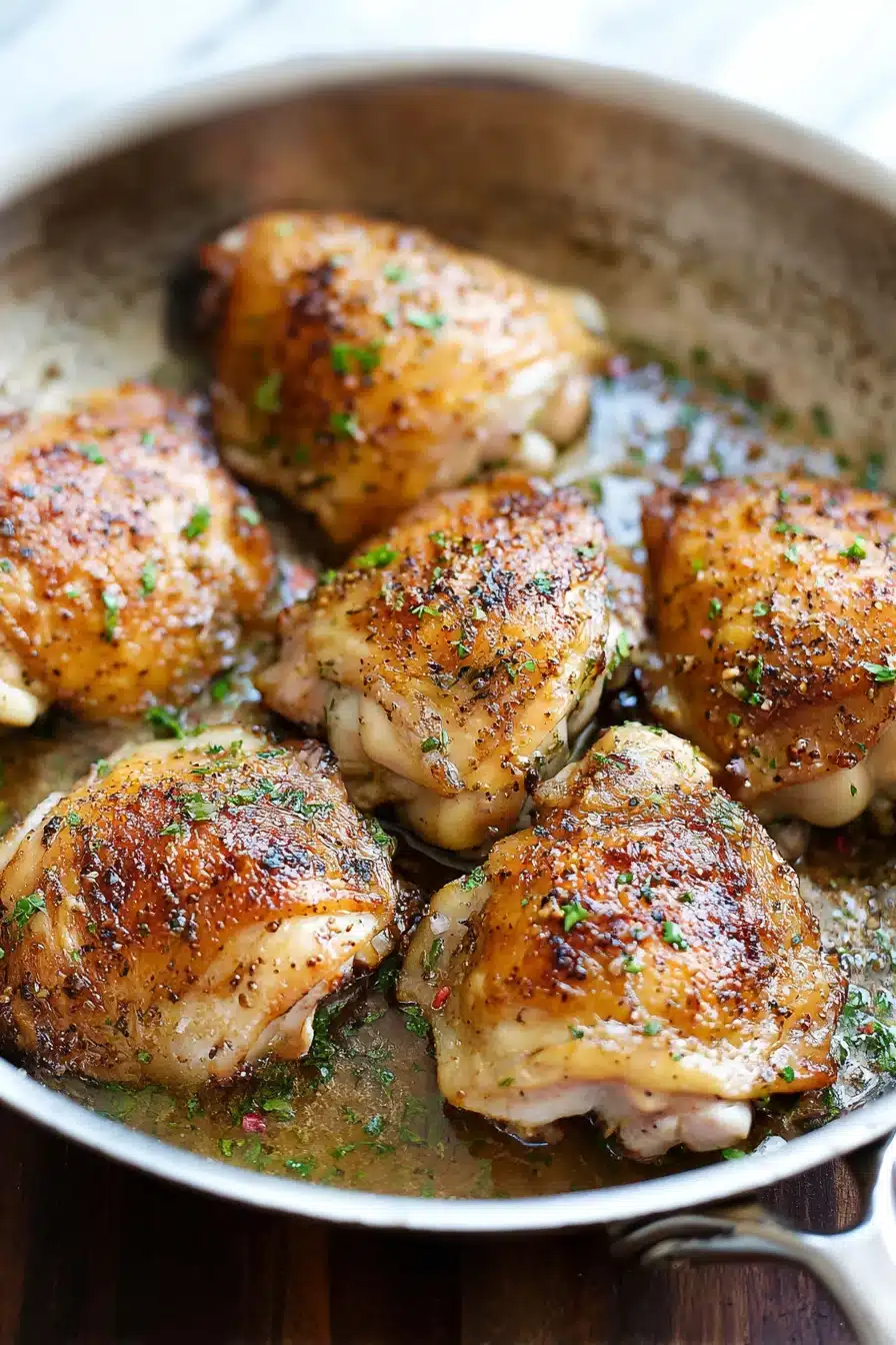 Crispy garlic brown sugar chicken thighs in skillet with herbs