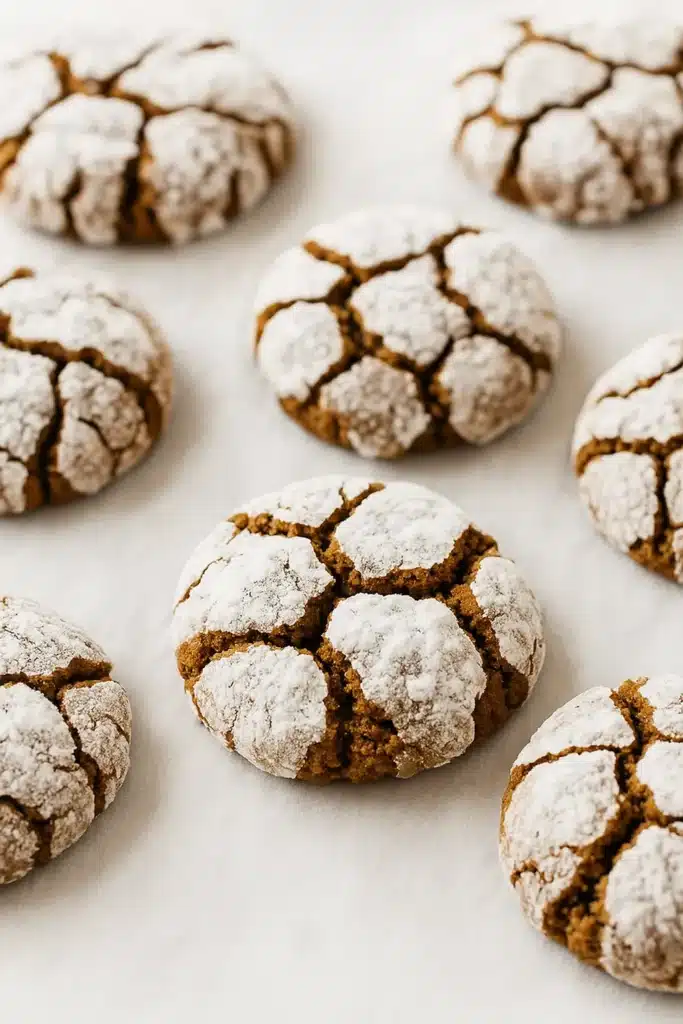 Close-up of gingerbread crinkle cookie showing crackled top and powdered sugar