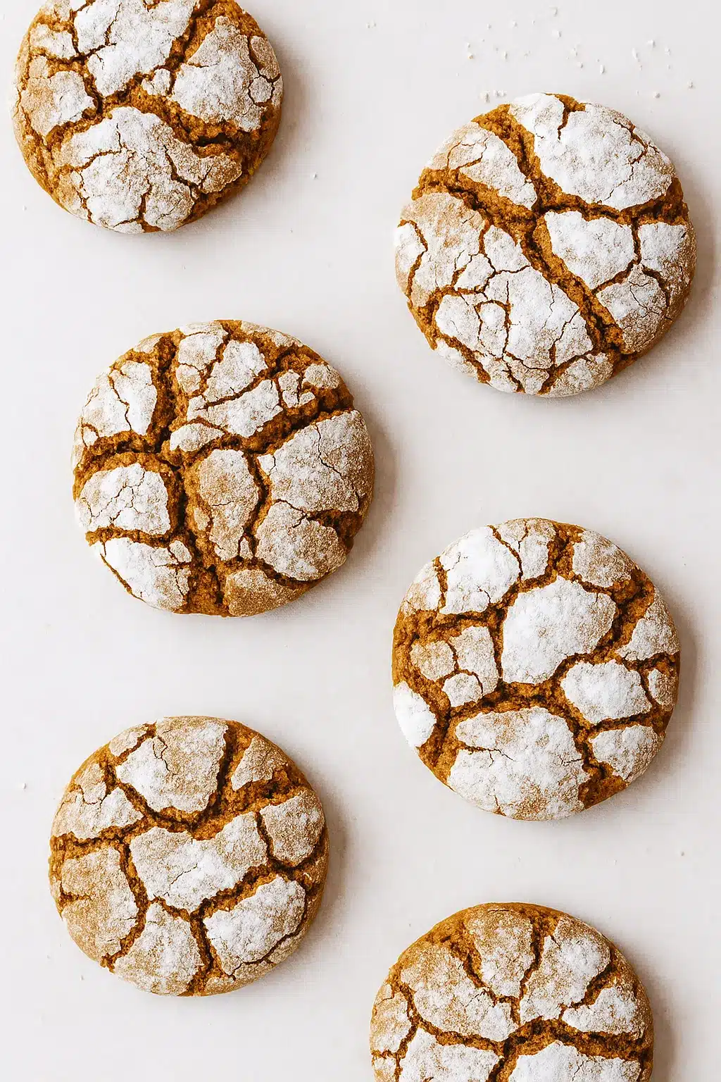 Chewy gingerbread crinkle cookies with powdered sugar on a baking surface