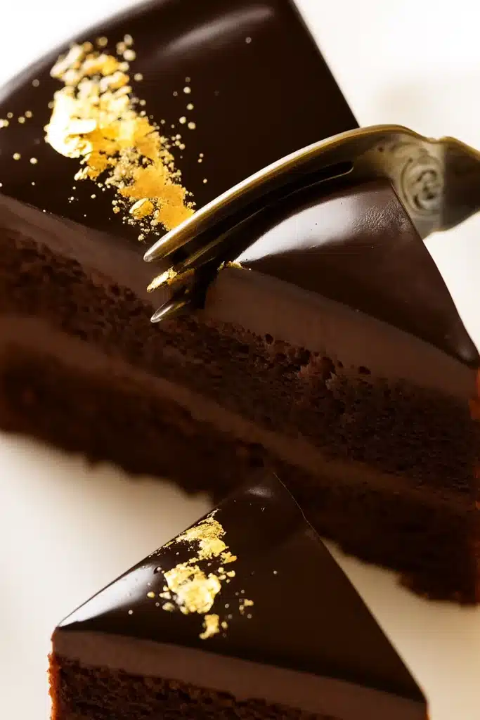 Slice of chocolate mirror glaze cake with gold leaf and fork