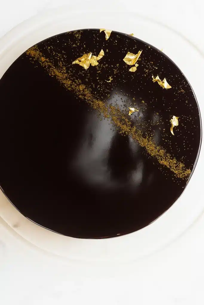 Top view of glossy chocolate mirror glaze cake with gold leaf