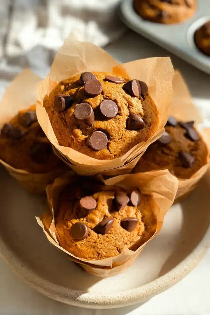 Gluten free pumpkin muffins with chocolate chips on a plate in warm light