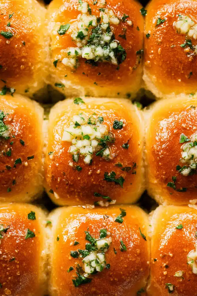 Baked easy garlic bread rolls brushed with garlic butter and herbs