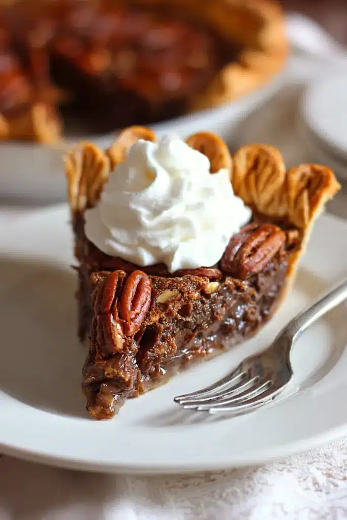 Fudgy Pecan Pie – Irresistibly Rich & Easy 14 Slice of fudgy pecan pie with whipped cream on white plate