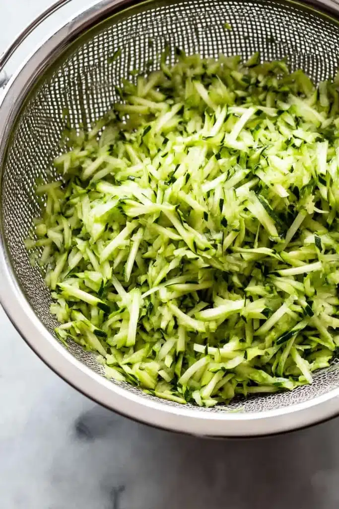 Greek Zucchini Tots | Amazing Crispy Bites 11 Grated zucchini in a colander for Greek zucchini tots recipe