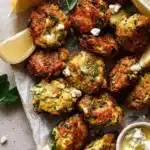 Greek Zucchini Tots | Amazing Crispy Bites 14 Crispy Greek zucchini tots with feta, lemon wedges, and herbs on parchment