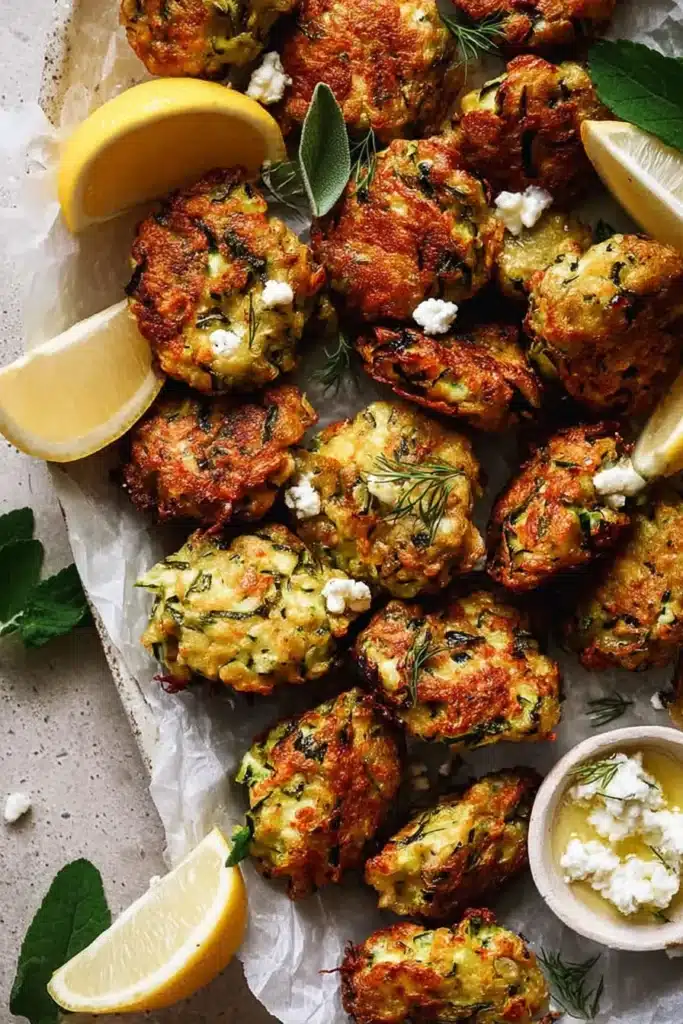 Greek Zucchini Tots | Amazing Crispy Bites 10 Crispy Greek zucchini tots with feta, lemon wedges, and herbs on parchment