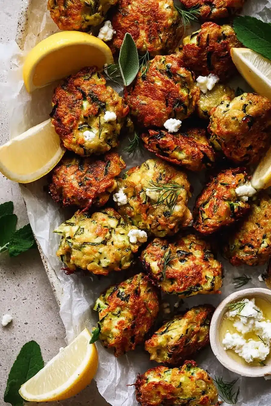 Crispy Greek zucchini tots with feta, lemon wedges, and herbs on parchment