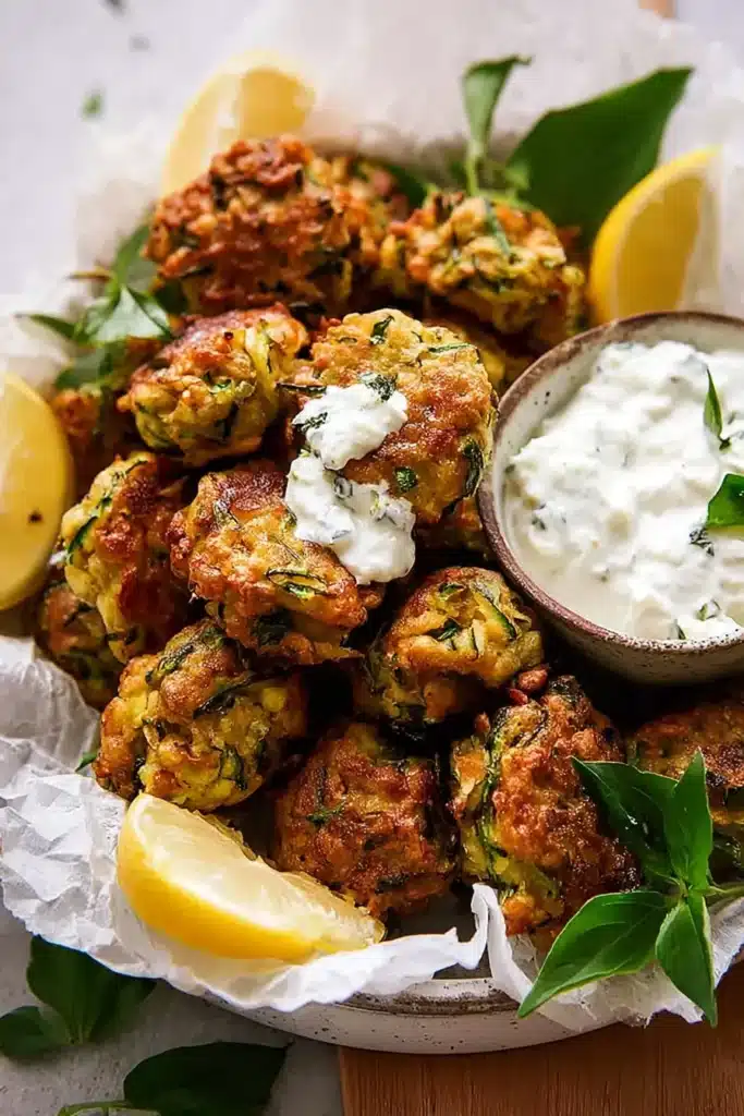 Greek Zucchini Tots | Amazing Crispy Bites 9 Greek zucchini tots served with feta, lemon wedges, and yogurt dip