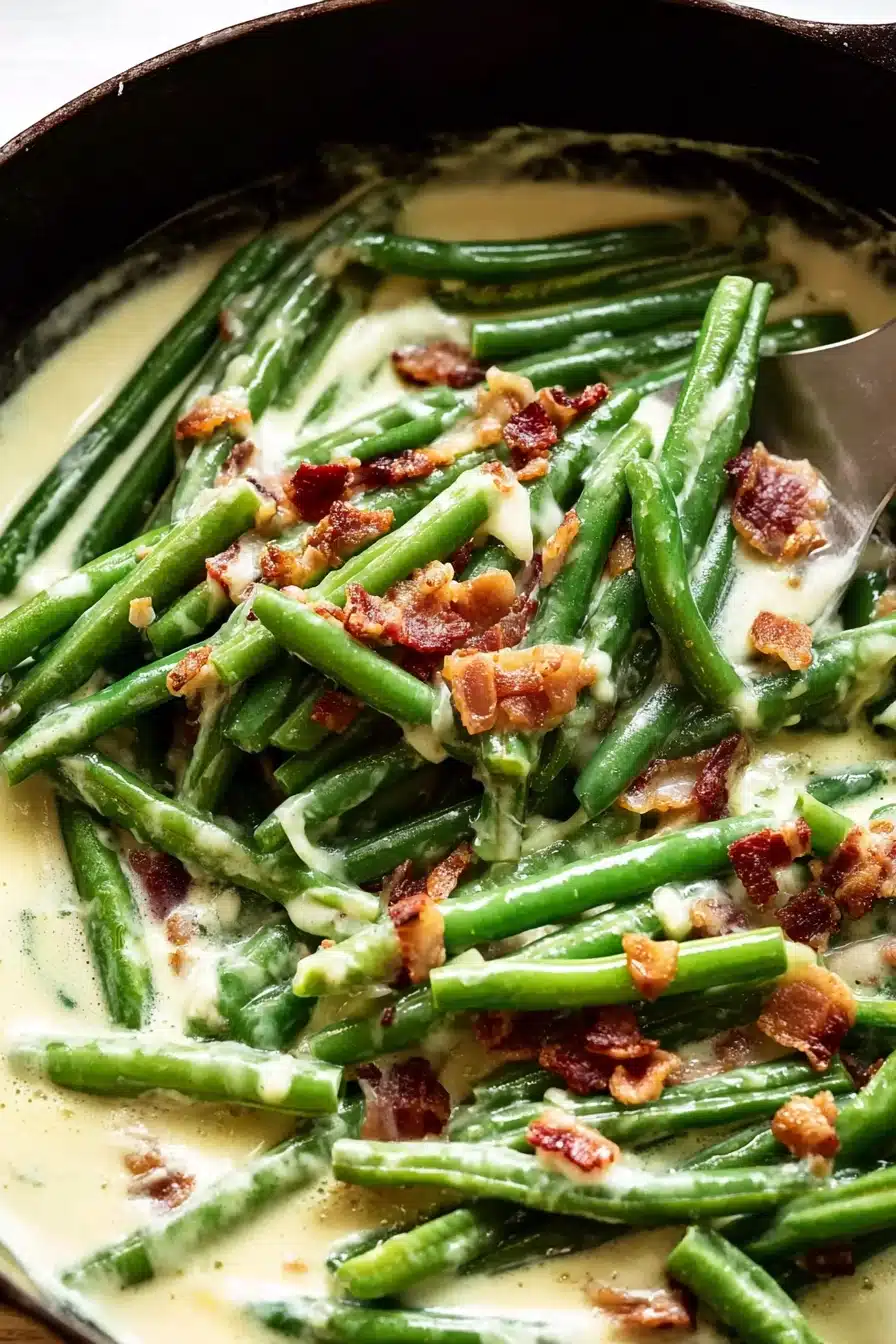 Green Beans in Creamy Parmesan Sauce with bacon