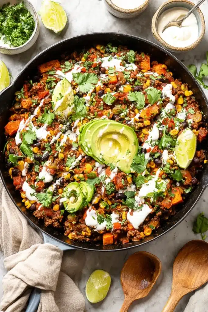 Mexican-style ground beef and zucchini skillet with avocado, corn, and lime in cast iron pan