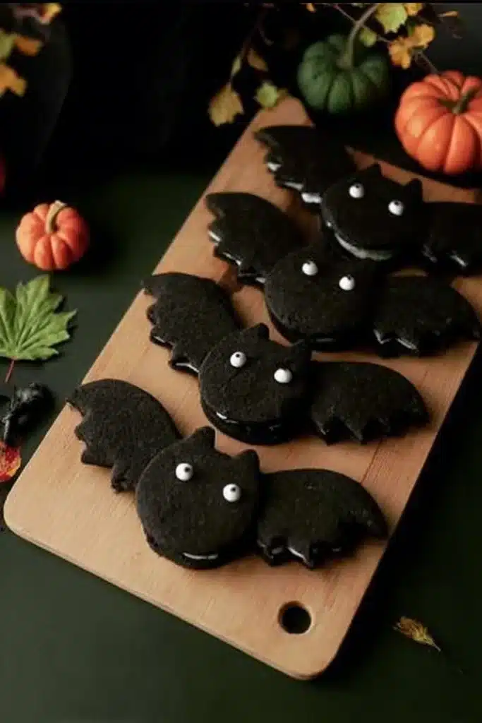 Oreo Style Bat Cookies – Easy, Fun & Delicious 11 Oreo Style Bat Cookies arranged on wood board with Halloween decor