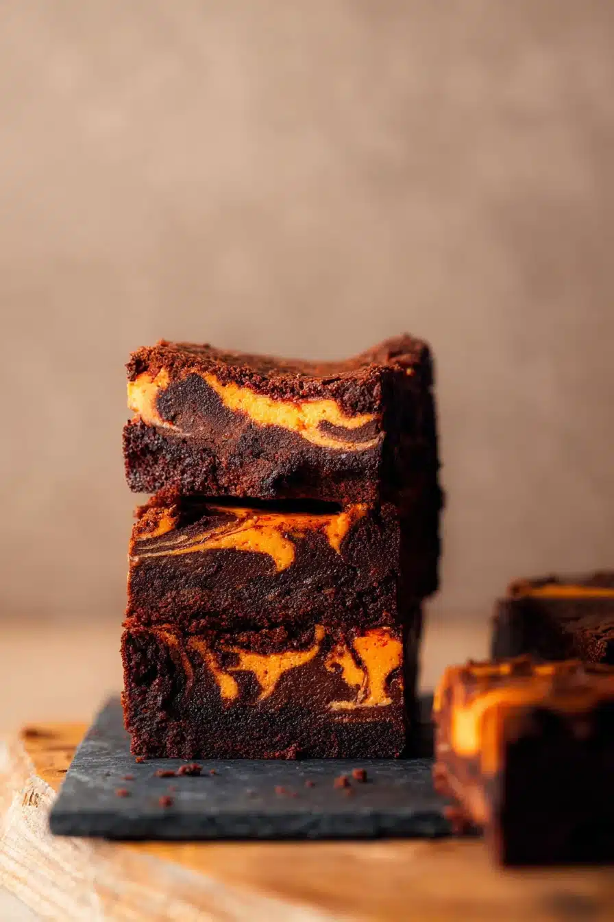 Fudgy Halloween brownies with orange cheesecake swirl on a wooden board