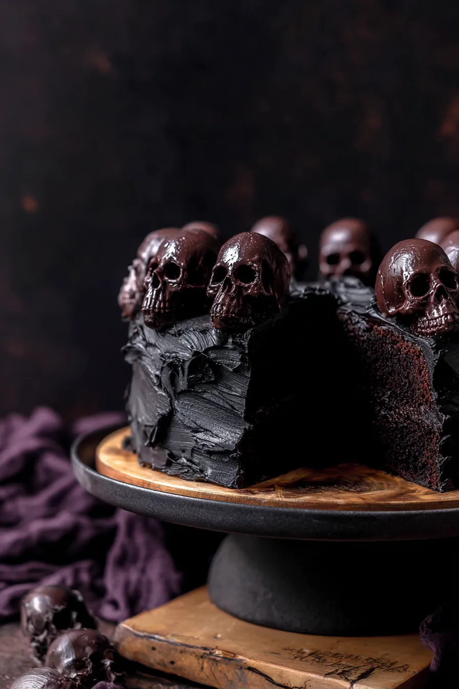 Sliced Halloween chocolate cake with black frosting and chocolate skulls on a dark cake stand