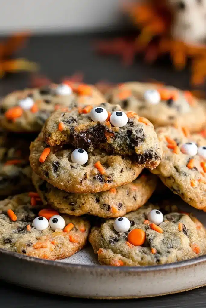 Easy Halloween chocolate chip cookies with candy eyes and spooky sprinkles on a black plate