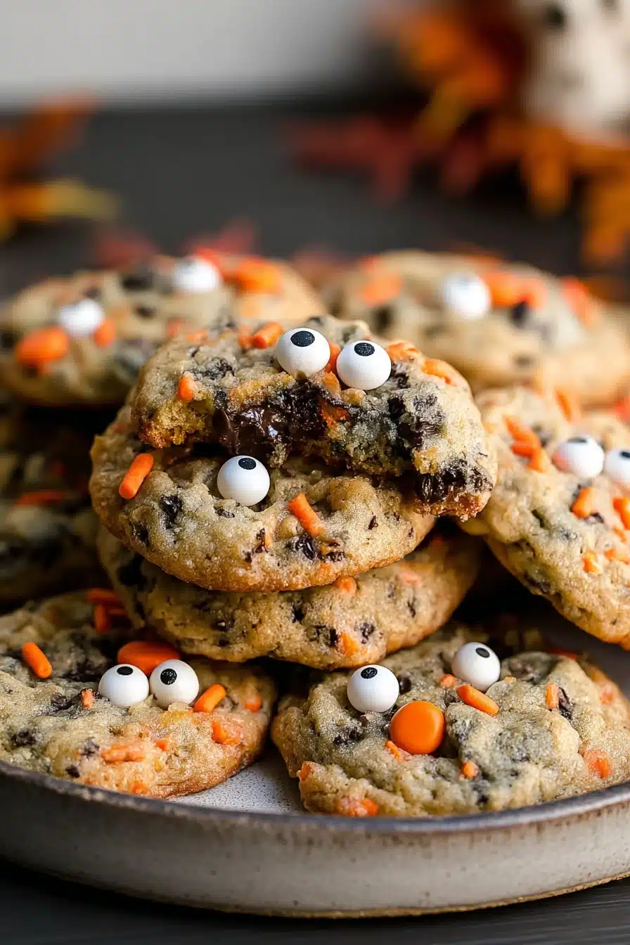 Easy Halloween chocolate chip cookies with candy eyes and spooky sprinkles on a black plate