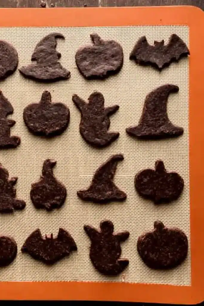 Unbaked Halloween chocolate cookies on silicone baking mat