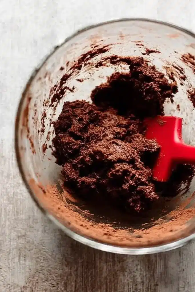 Chocolate cookie dough in glass bowl with red spatula