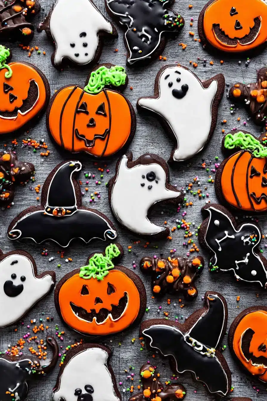 Halloween chocolate cookies decorated with royal icing shaped like pumpkins, bats, ghosts, and witch hats