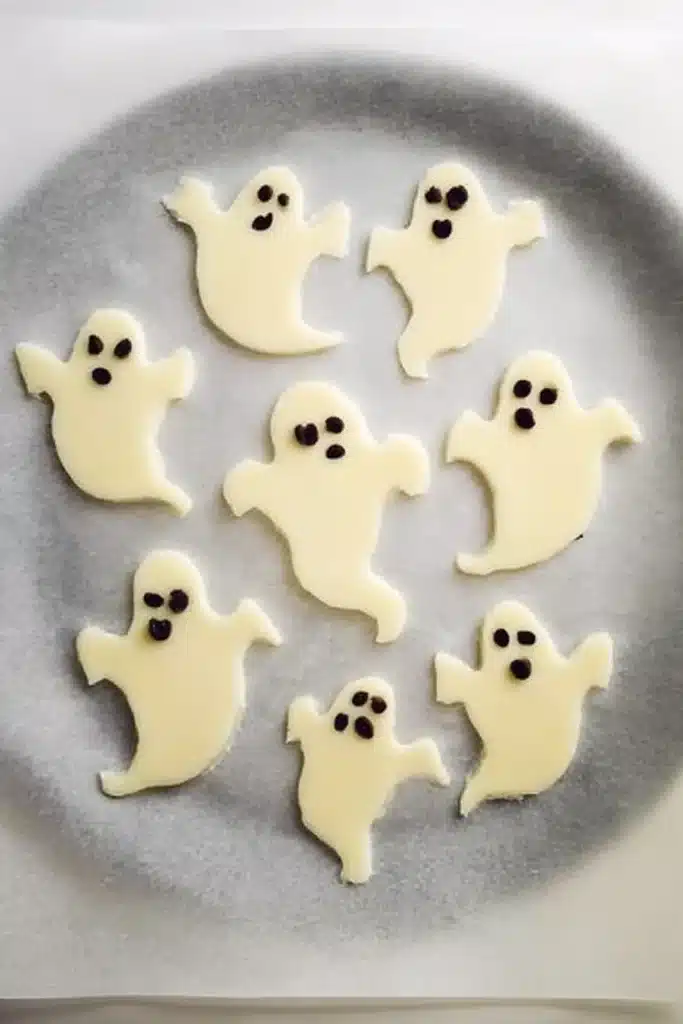 Halloween Ghost Pizza – Easy, Fun, and Spooky 9 Mozzarella ghost cutouts with olive faces for Halloween ghost pizza