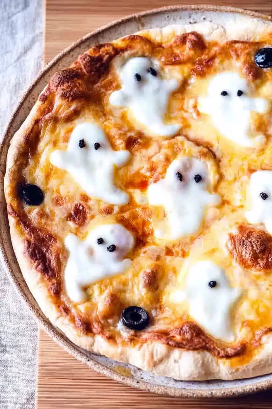 Halloween ghost pizza with melted mozzarella ghosts and olive eyes on golden crust