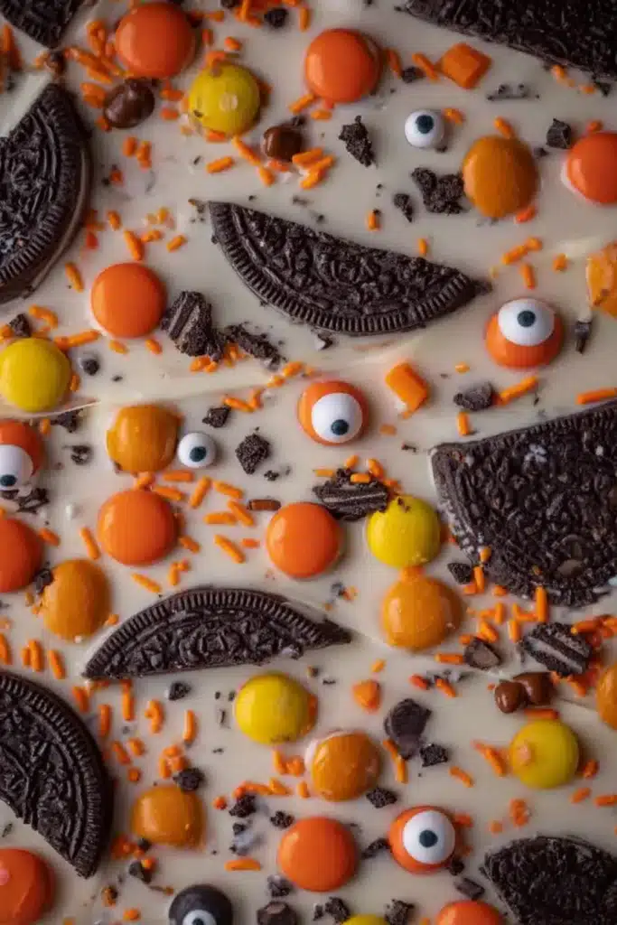 Easy White Chocolate Halloween Bark – Quick & Spooky Treat 9 Close-up of Easy White Chocolate Halloween Oreo Bark with sprinkles and candy