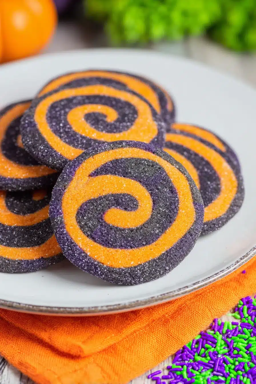 Halloween pinwheel cookies with orange and black swirls on a white plate